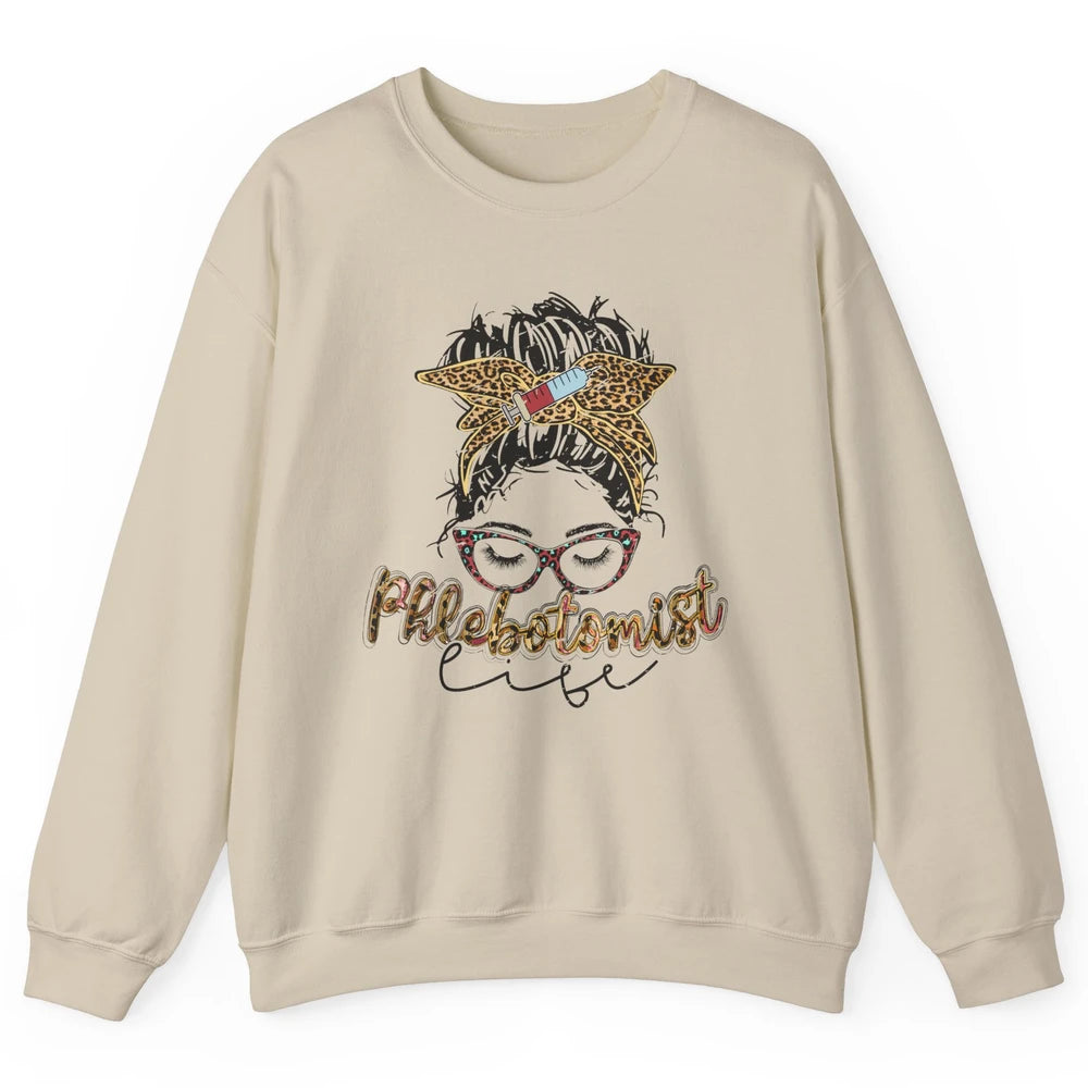 Retro Leopard Phlebotomist Life Messy Bun Mom Phlebotomy Unisex Crewneck Sweatshirt