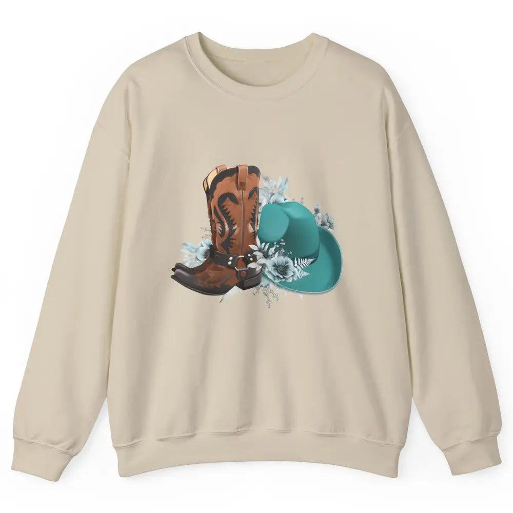 Retro Cowgirl Floral Turquoise Cowboy Boots Rodeo Western Unisex Crewneck Sweatshirt