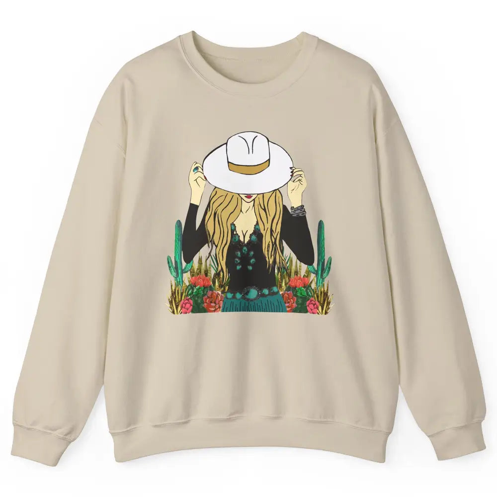 Retro Blonde Cowgirl Punchy Cowhide Turquoise Western Cowboy Unisex Crewneck Sweatshirt