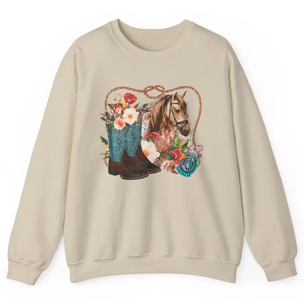 Retro Floral Cowboy Boots And Horse Western Country Cowgirl Unisex Crewneck Sweatshirt