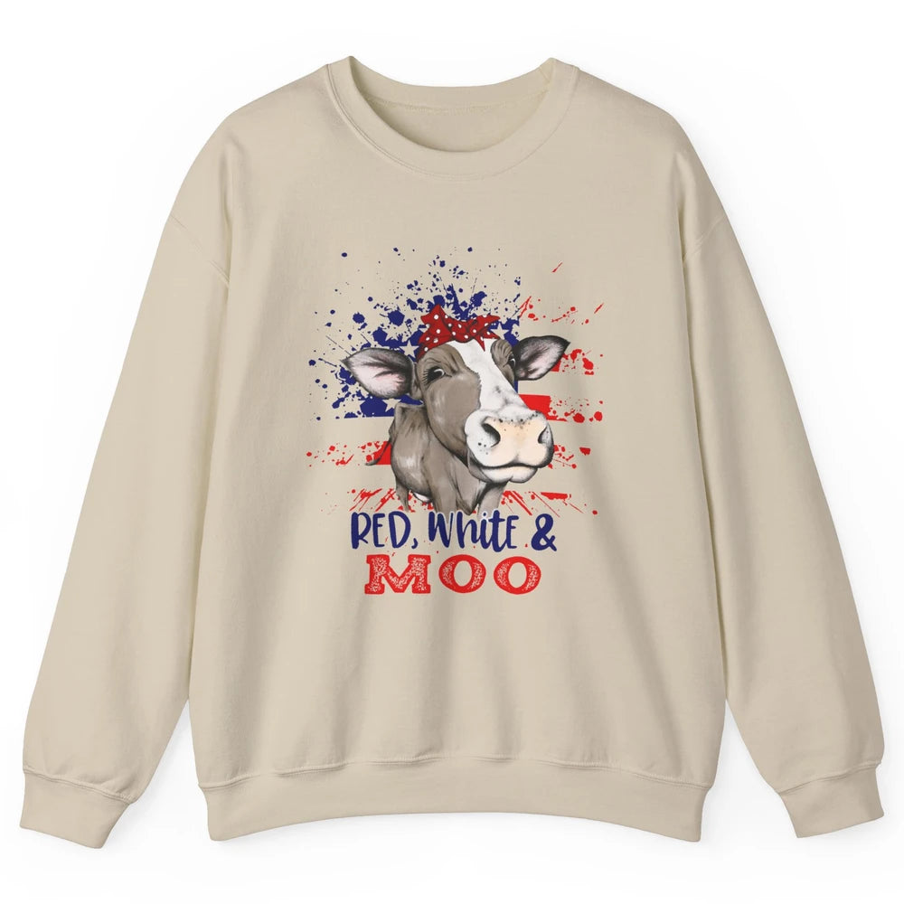 Red White Moo Cow America Flag 4th of July Patriotic Unisex Crewneck Sweatshirt