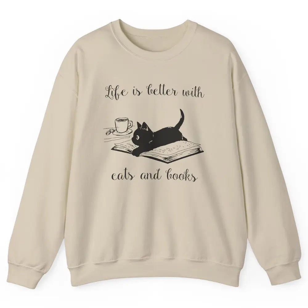 Retro Life Is Better With Cats And Books Reading Lovers Unisex Crewneck Sweatshirt