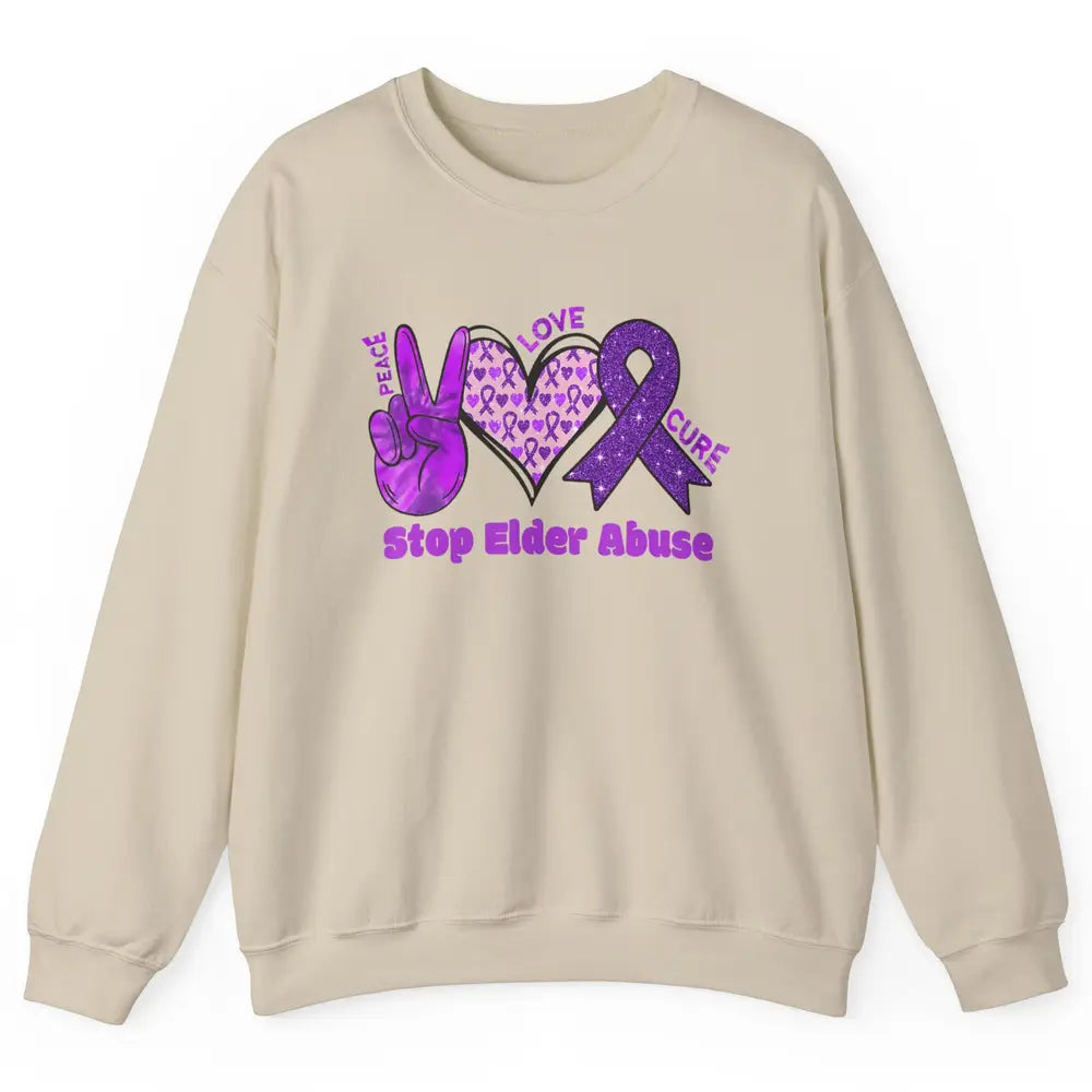 Peace Love Hope Heart Purple Ribbon Elder Abuse Awareness Unisex Crewneck Sweatshirt