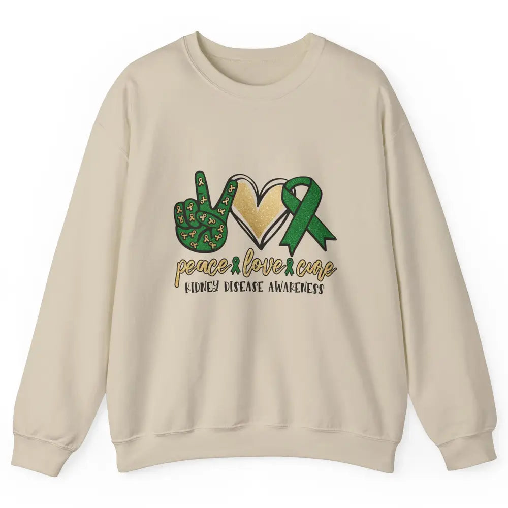 Peace Love Cure Kidney Disease Awareness Green Ribbon Heart Unisex Crewneck Sweatshirt