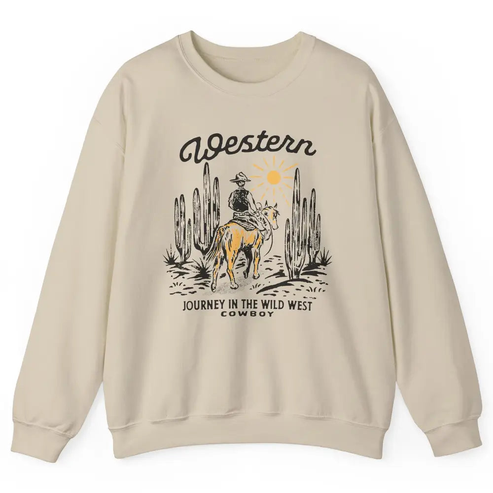 Retro Cowboy Riding Desert Sunset Western Journey Wild West Unisex Crewneck Sweatshirt