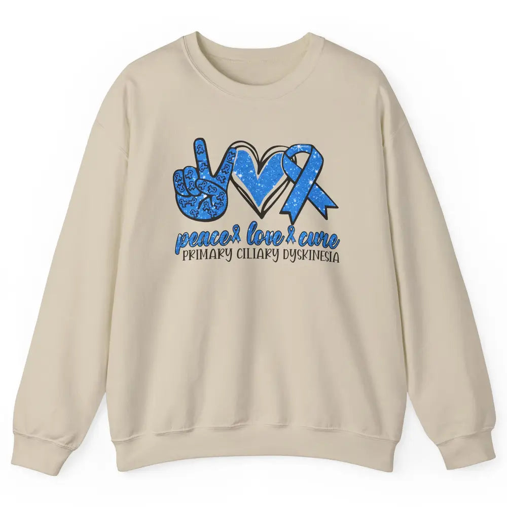 Primary Ciliary Dyskinesia Peace Love Cure Blue Ribbon Unisex Crewneck Sweatshirt