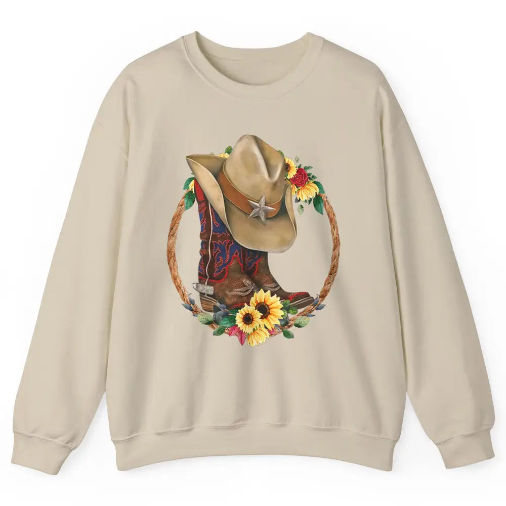 Retro Cowboy Boots Sunflower Let's Go Girls Western Cowgirls Unisex Crewneck Sweatshirt