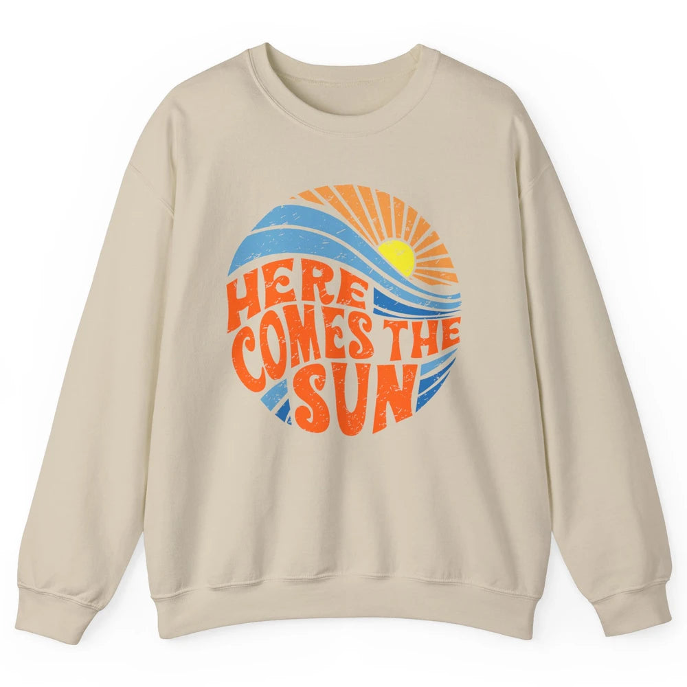 Retro Rainbow Sunrise Here Comes The Sun Hippie Girl Unisex Crewneck Sweatshirt