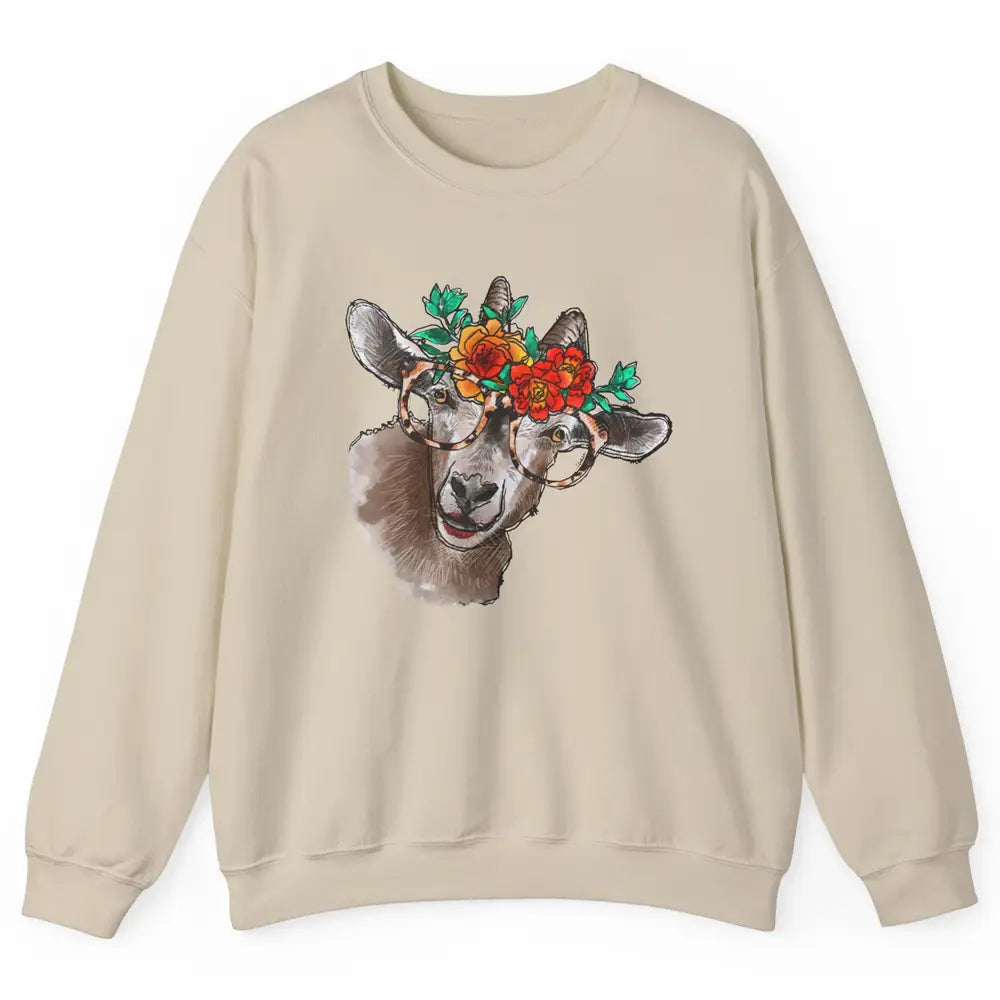 Retro Goat Glasses Flower Goat Girl Goat Lovers Gift Unisex Crewneck Sweatshirt