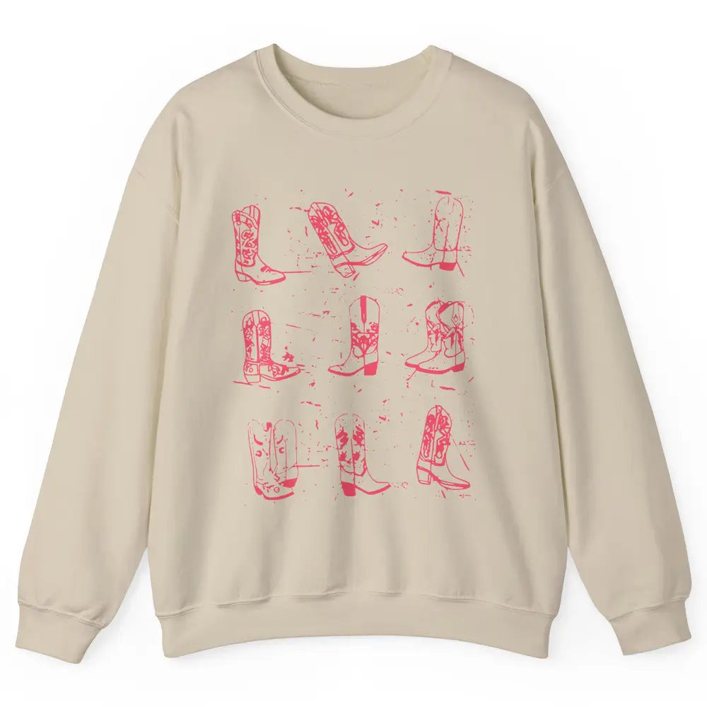 Retro Pink Cowboy Boots Western Valentine Cowgirl Gift Unisex Crewneck Sweatshirt