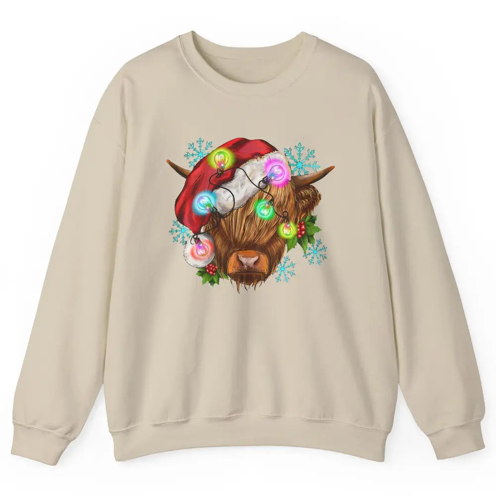 Christmas Highland Cow Xmas Light Western Christmas Cow Unisex Crewneck Sweatshirt