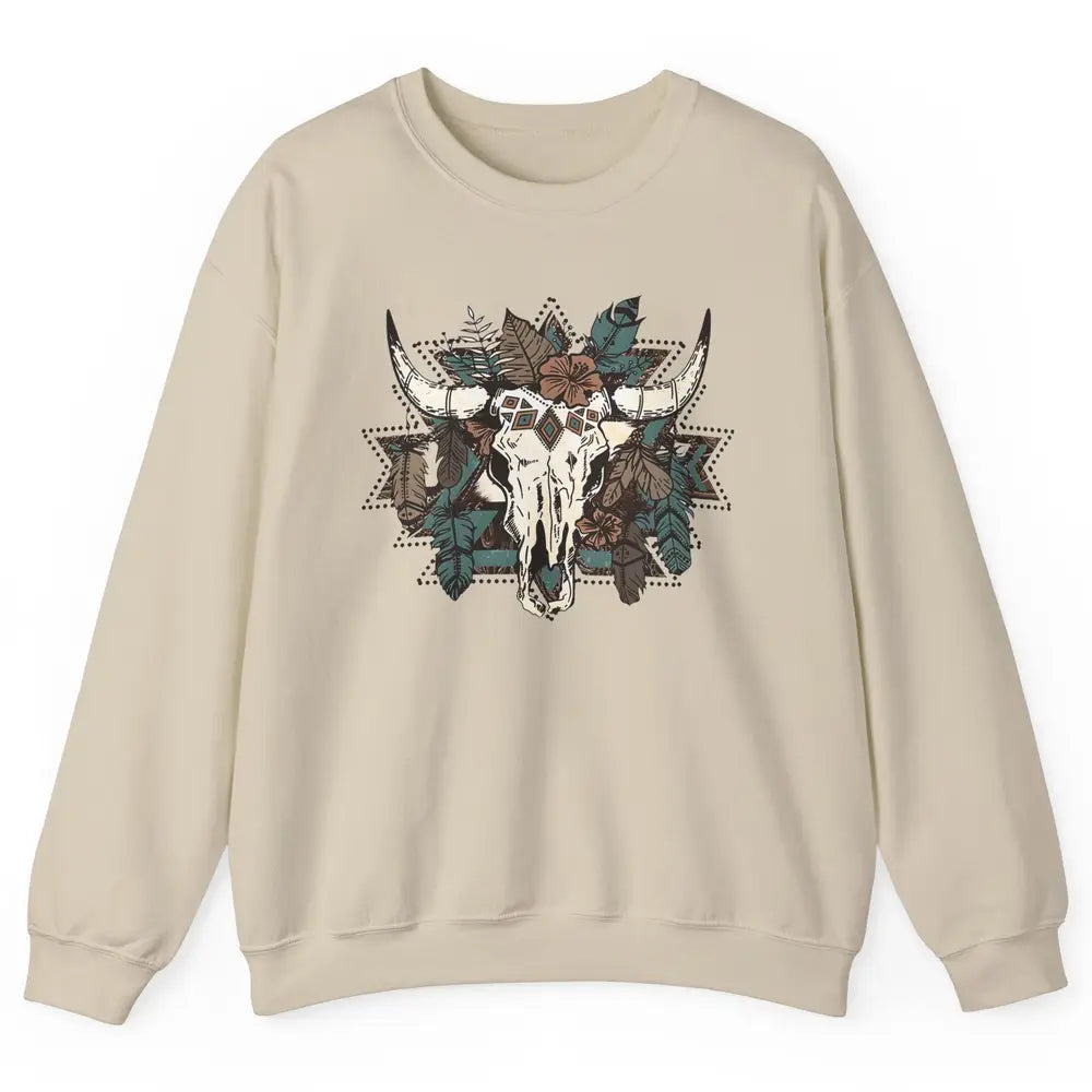 Retro Boho Bull Skull Aztec Desert Cactus Western Country Unisex Crewneck Sweatshirt