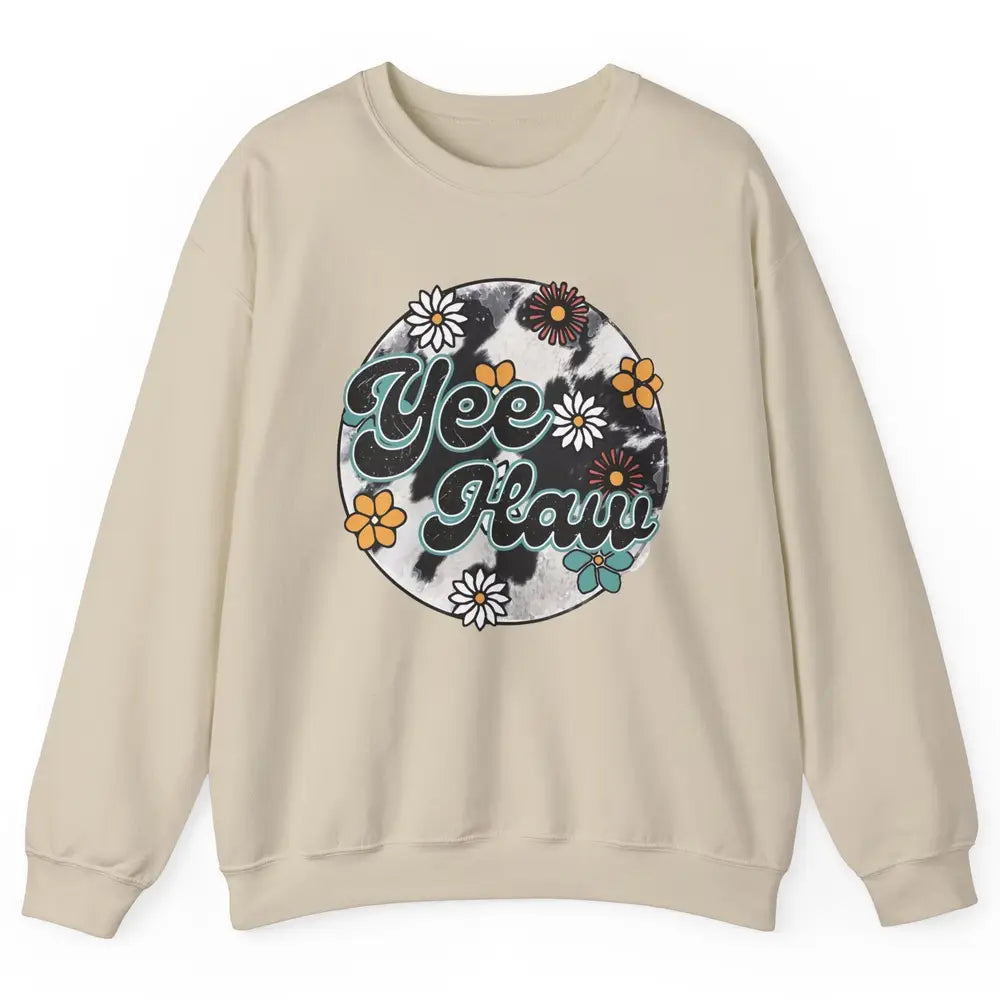 Retro Groovy Daisy Yee Haw Cowhide Western Country Cowgirl Unisex Crewneck Sweatshirt