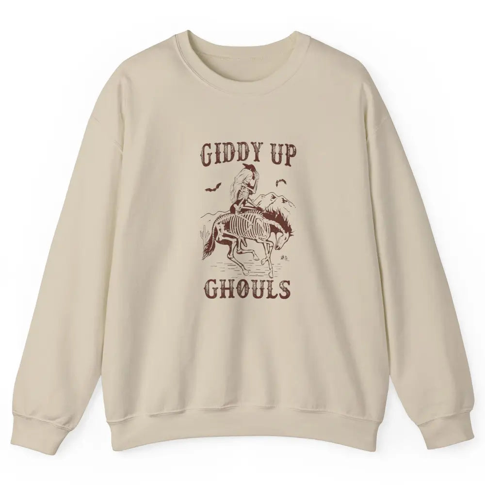 Retro Giddy Up Ghouls Skeleton Western Cowgirl Howdy Cowboy Unisex Crewneck Sweatshirt