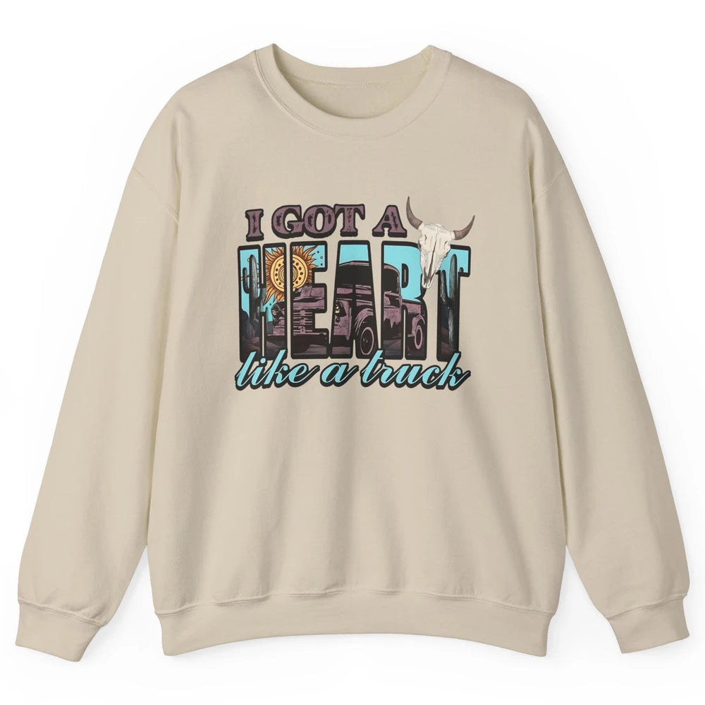 Retro Desert Bull Skull I Got A Heart Like A Truck Western Unisex Crewneck Sweatshirt