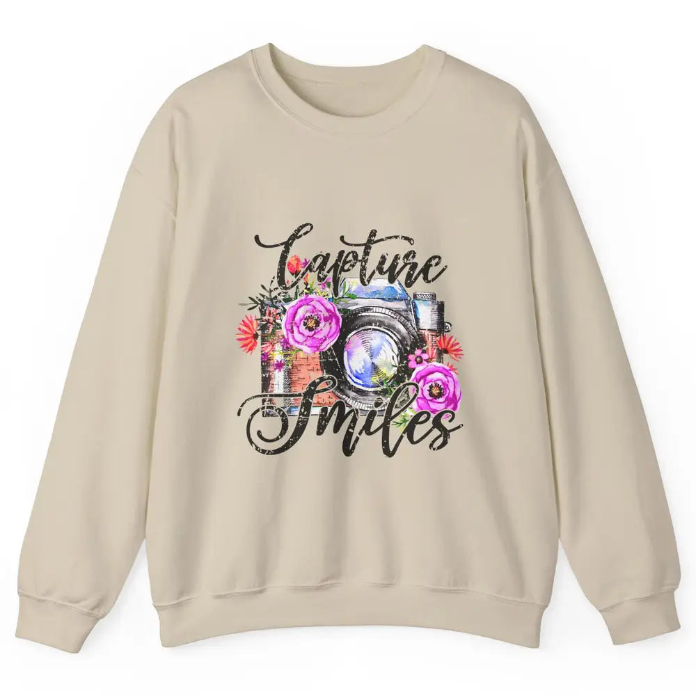 Photography Day Capture Smiles Retro Floral Camera Traveller Unisex Crewneck Sweatshirt
