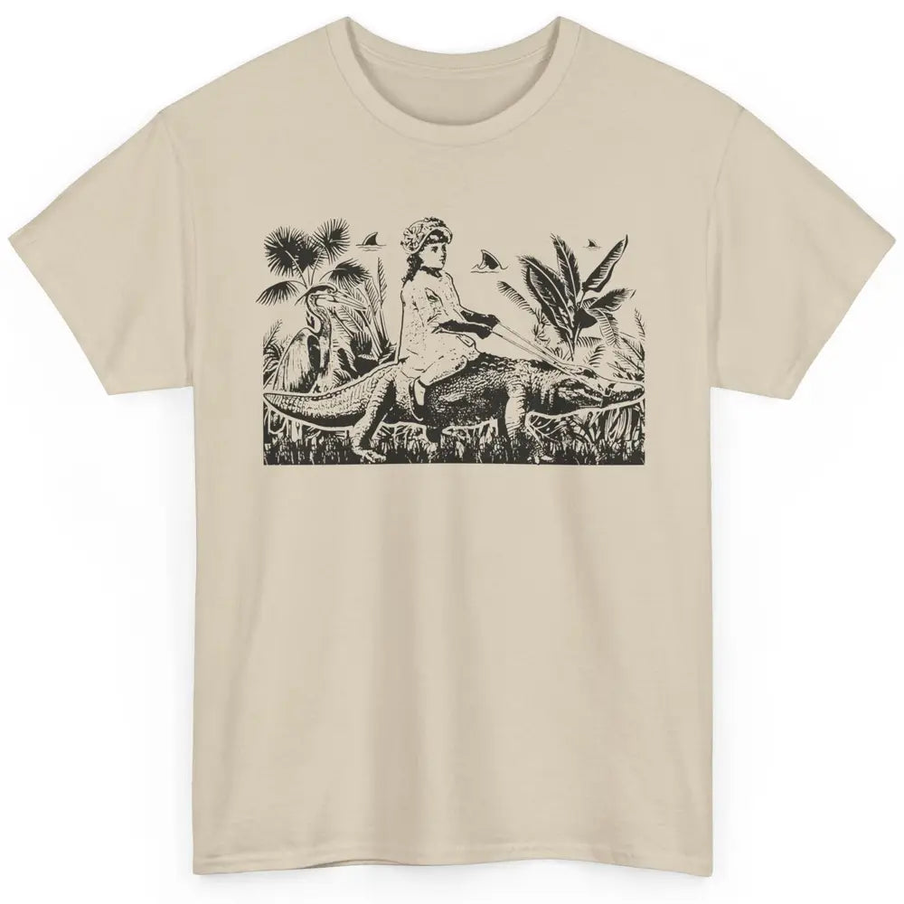 Retro Florida Tropical Land Girl Riding Alligator Summer Classic Unisex T-Shirt