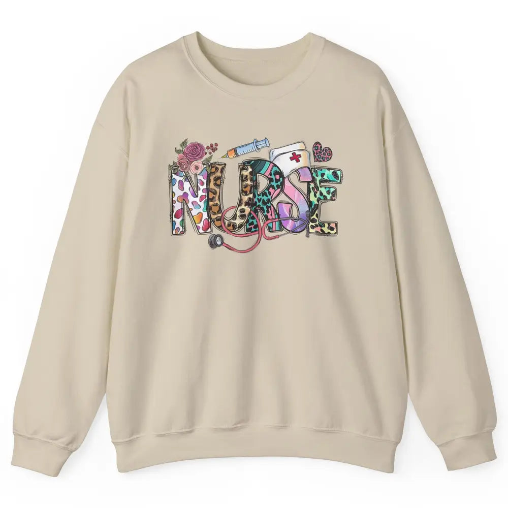 Nurse Life Nursing Registered Therapist Leopard Flower Boho Unisex Crewneck Sweatshirt