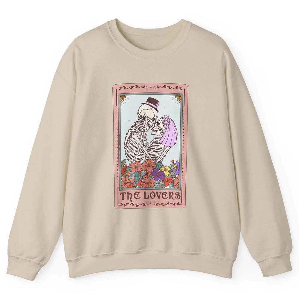 The Lovers Funny Skeleton Couple Tarot Card Vintage Valentine Astrology Goth Skull Lover Floral Heart Unisex Crewneck Sweatshirt