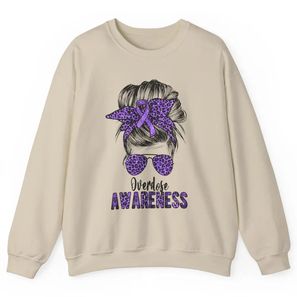 Overdose Awareness Messy Hair Bun Purple Leopard Warrior Unisex Crewneck Sweatshirt