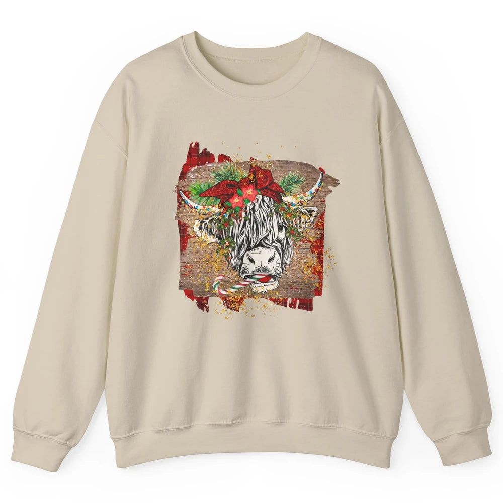 Christmas Highland Cow Bandana Western Christmas Cow Plaid Unisex Crewneck Sweatshirt