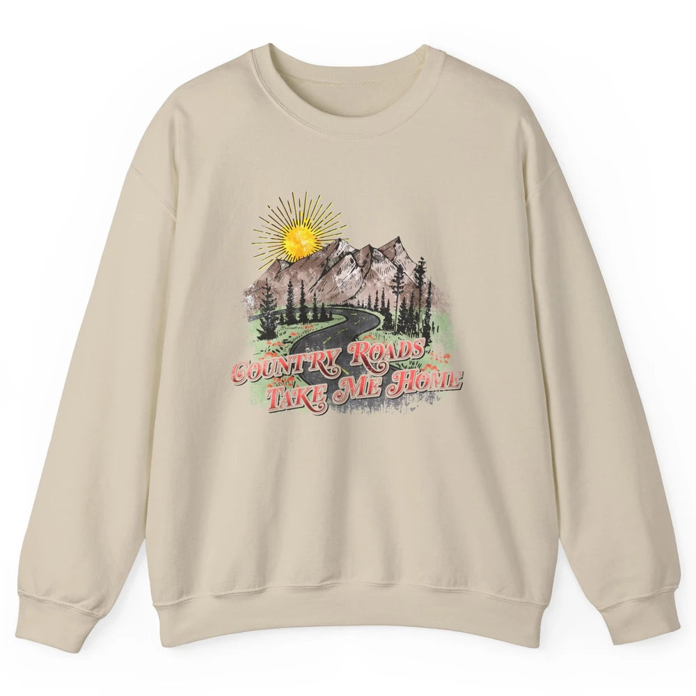 Retro Mountain Sunset Country Roads Take Me Home Western Unisex Crewneck Sweatshirt