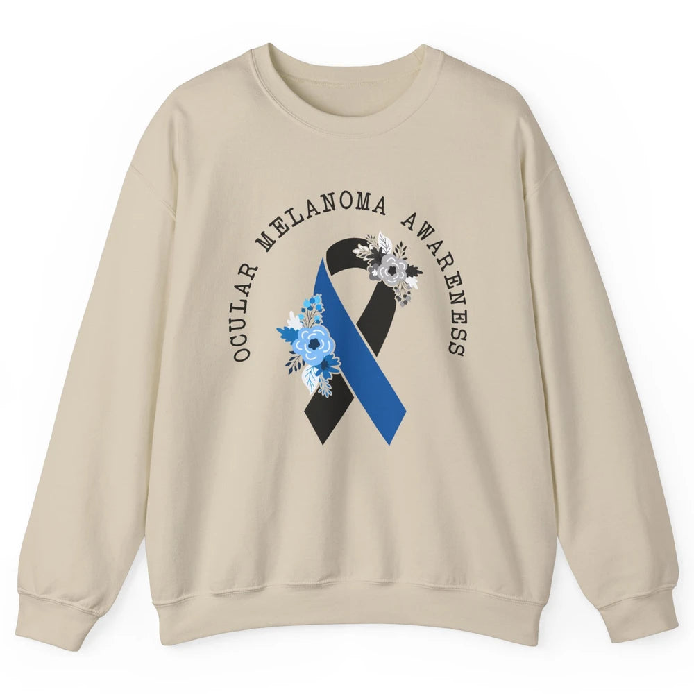 Ocular Melanoma Awareness Floral Black Blue Ribbon Rainbow Unisex Crewneck Sweatshirt