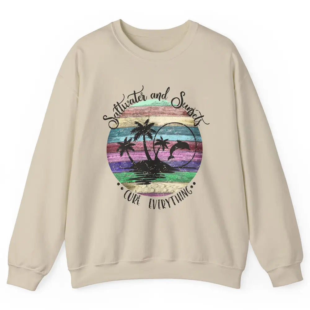 Retro Beach Sunset Saltwater and Sunsets Cure Everything Unisex Crewneck Sweatshirt