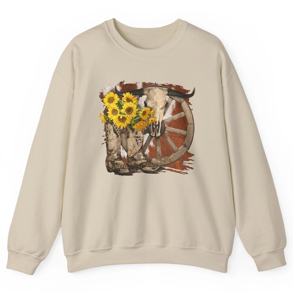 Retro Sunflower Cowgirl Boots Cow Skull Western Country Girl Unisex Crewneck Sweatshirt