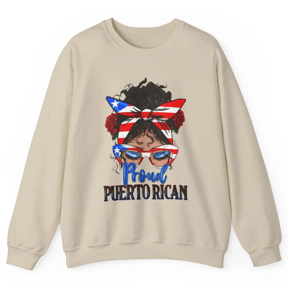 Proud Puerto Rican Girl Messy Bun Hair Puerto Rico Flag Unisex Crewneck Sweatshirt