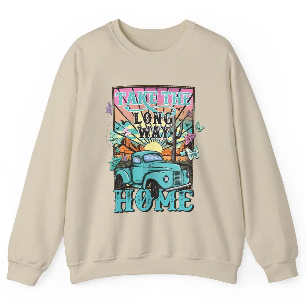Retro Mountain Sunset Take The Long Way Home Western Country Unisex Crewneck Sweatshirt