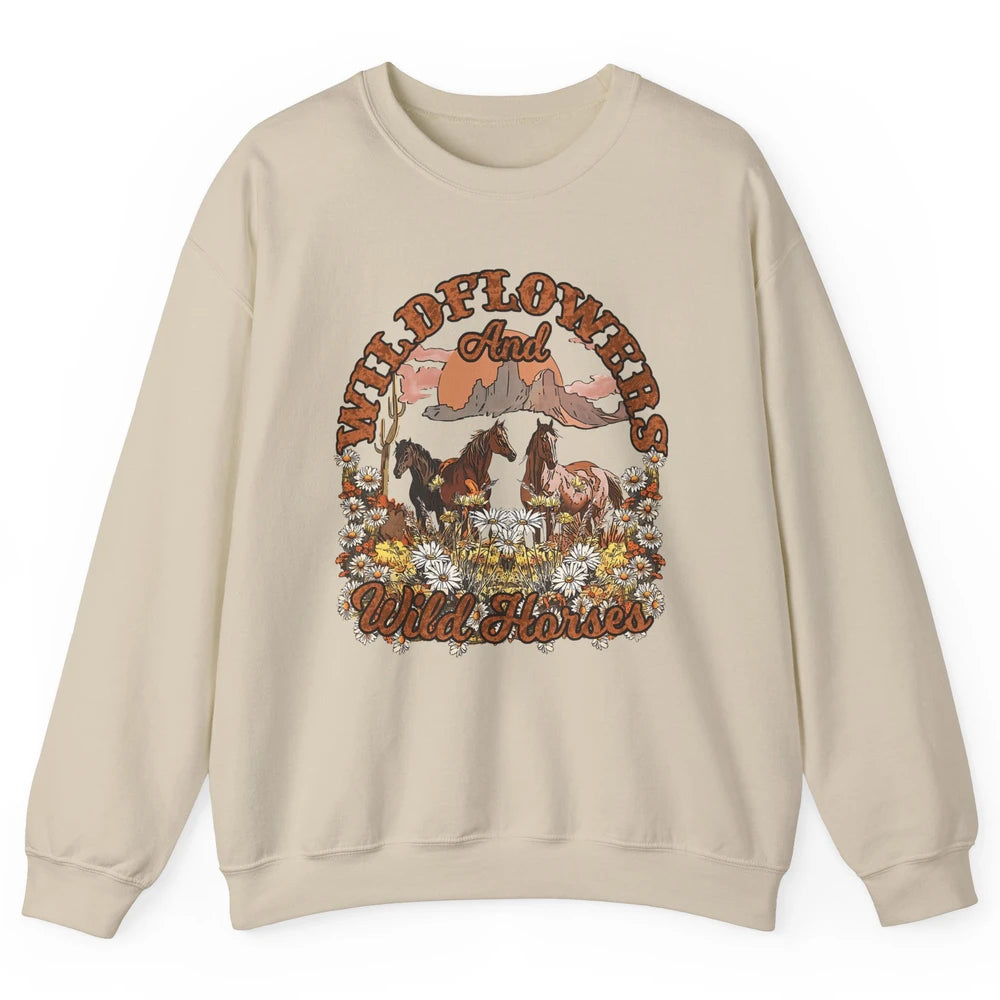 Retro Floral Desert Wildflowers Wild Horses Western Country Unisex Crewneck Sweatshirt