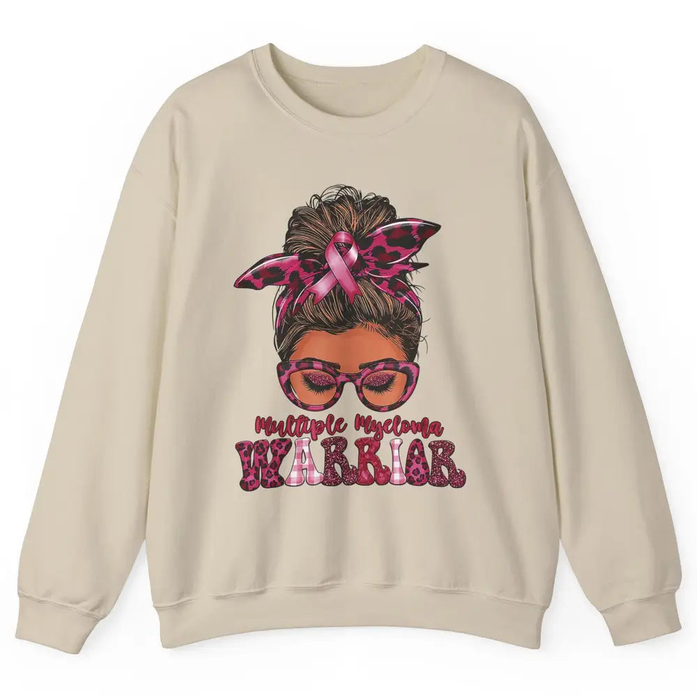 Multiple Myeloma Cancer Warrior Leopard Messy Hair Bun Woman Unisex Crewneck Sweatshirt