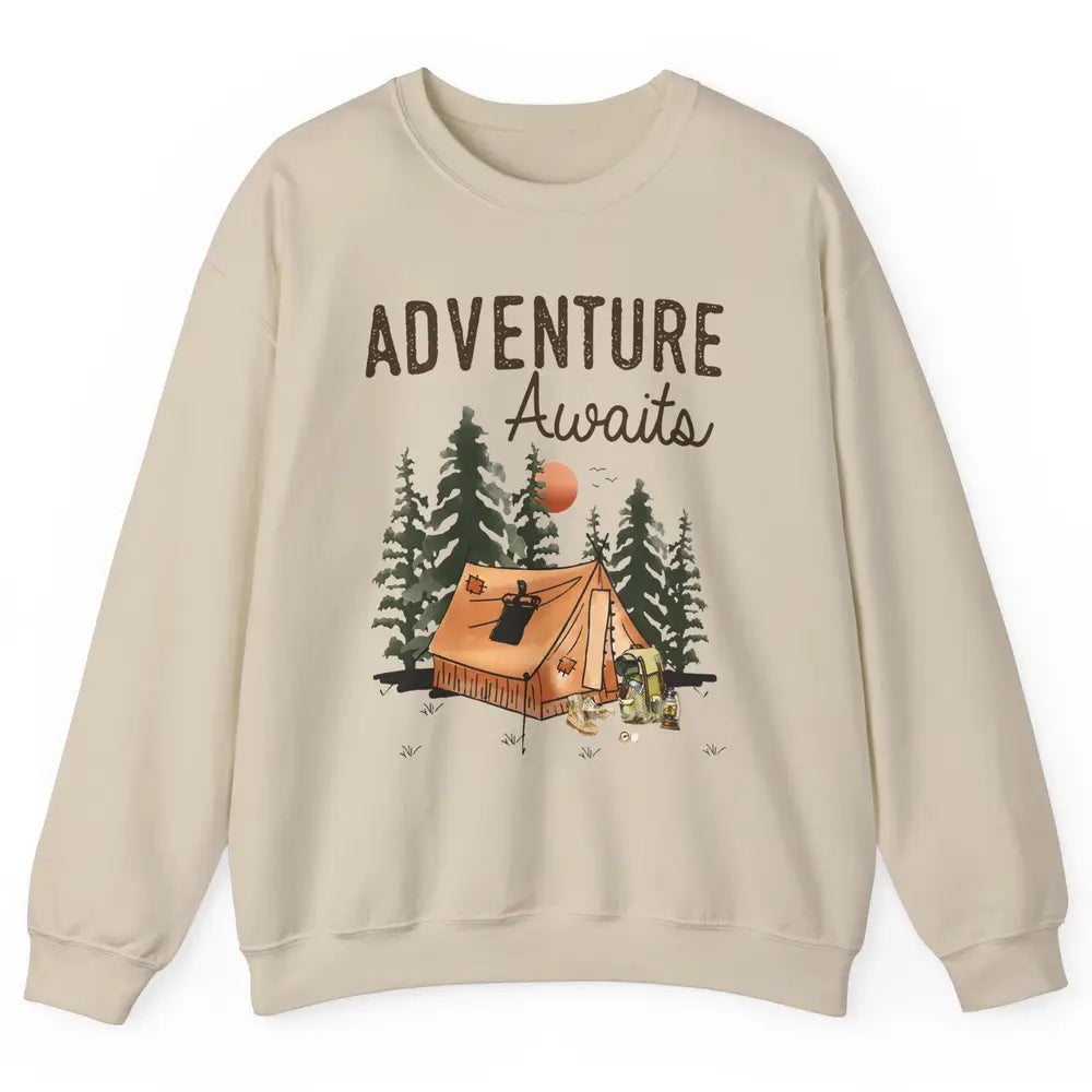 Retro Camping Tent Mountain Sunset Adventure Awaits Campers Unisex Crewneck Sweatshirt