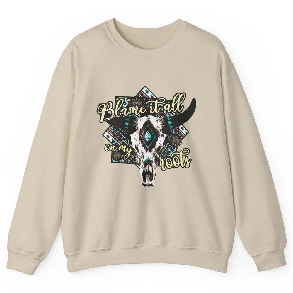 Retro Boot Blame It All On My Root Cow Skull Western Cowboy Unisex Crewneck Sweatshirt