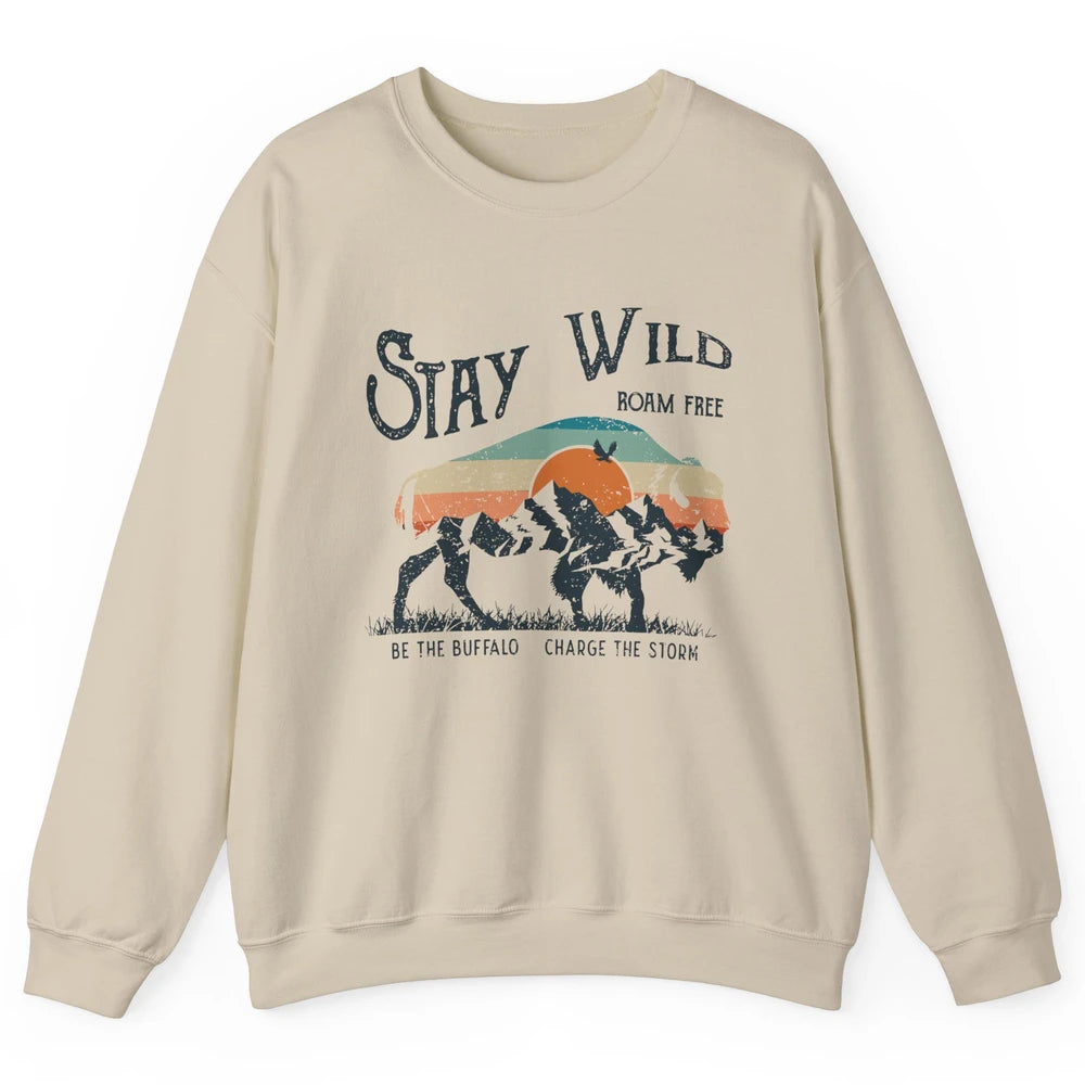 Retro Buffalo Mountain Sunset Stay Wild Roam Free Western Unisex Crewneck Sweatshirt
