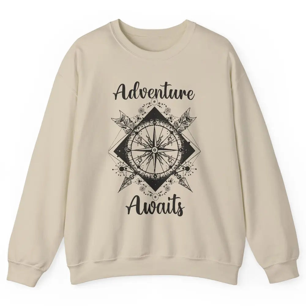 Retro Compass Mountain Adventure Awaits Camping Hiking Lover Unisex Crewneck Sweatshirt