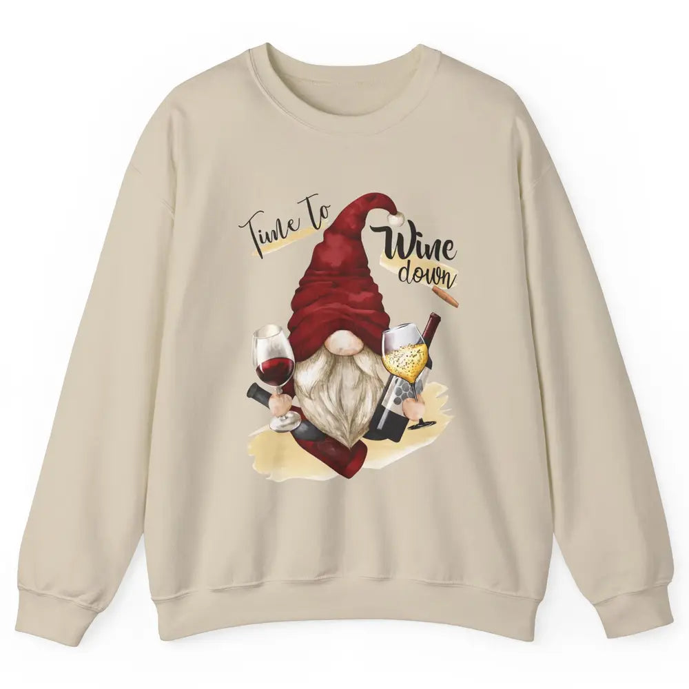 Christmas Gnome Wine It's Time to Wine Down Winter Holiday Unisex Crewneck Sweatshirt
