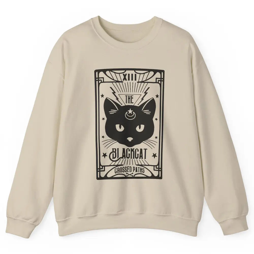 Retro Halloween Black Cat Crossed Path Tarot Card Witchcraft Unisex Crewneck Sweatshirt