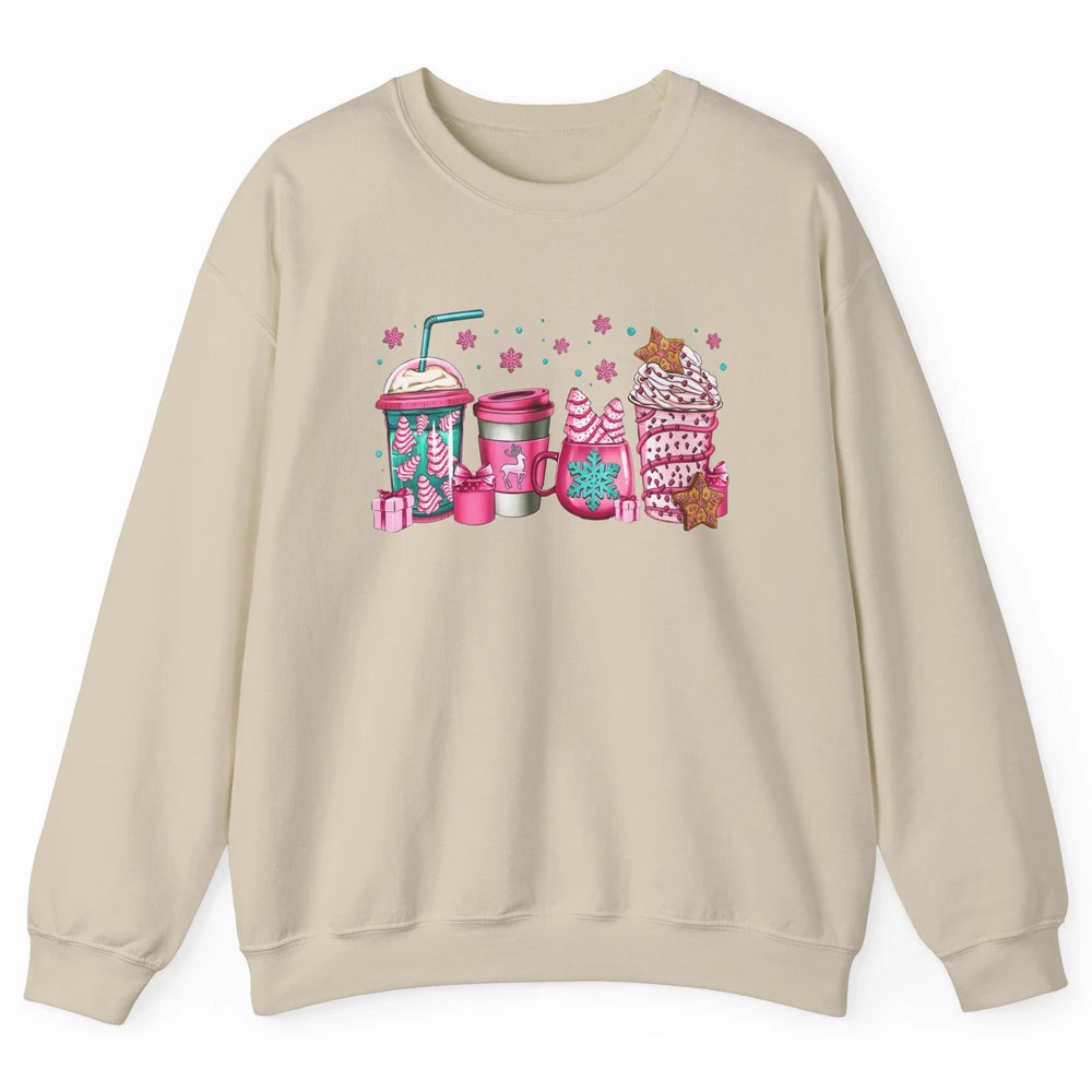 Pink Christmas Coffee Christmas Tree Cake Christmas Lovers Unisex Crewneck Sweatshirt