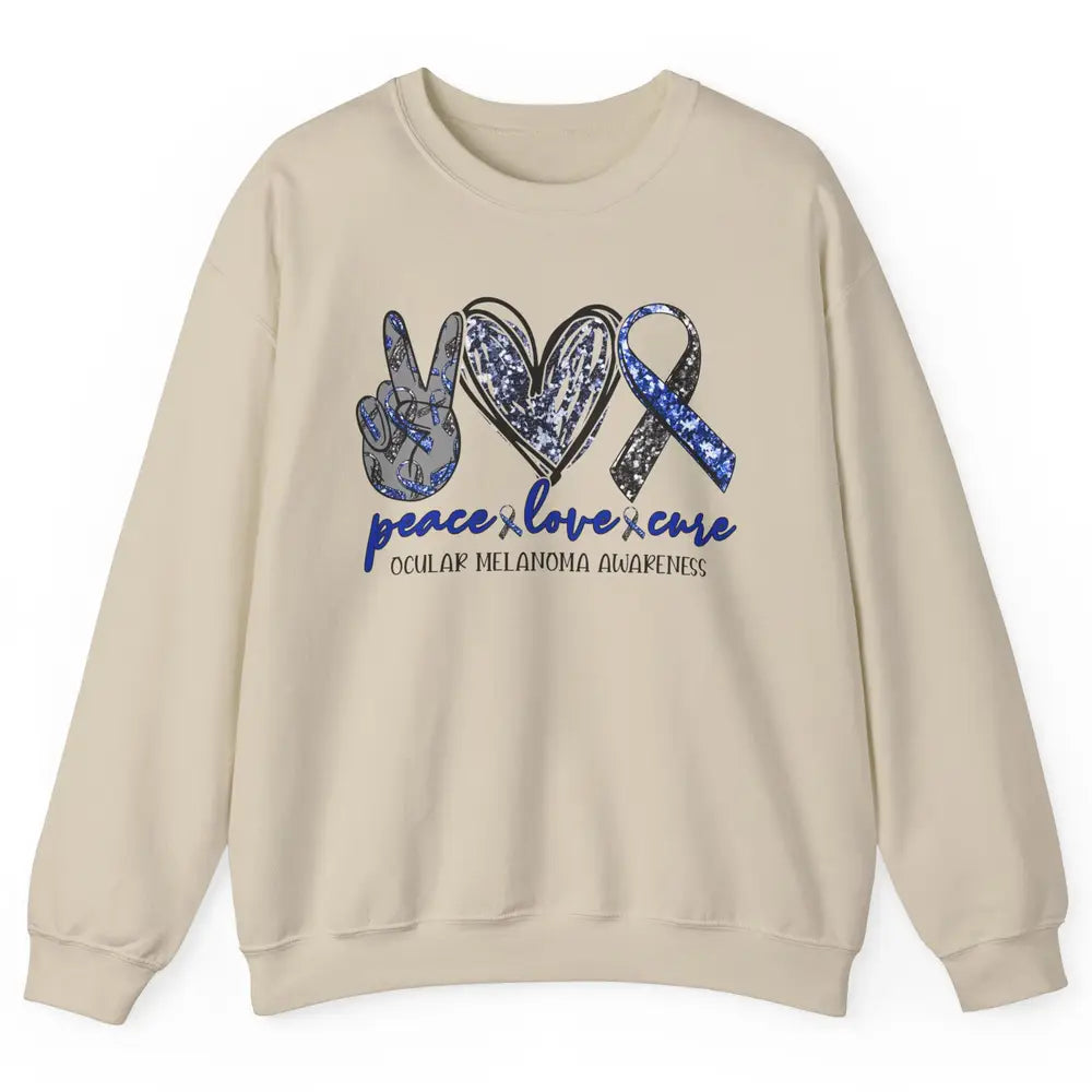 Ocular Melanoma Awareness Peace Love Cure Blue Ribbon Unisex Crewneck Sweatshirt