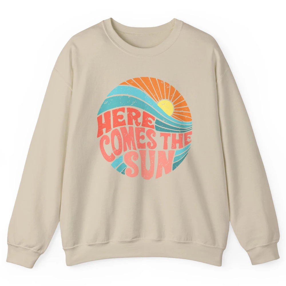 Retro Rainbow Sunrise Here Comes The Sun Hippie Girl Unisex Crewneck Sweatshirt