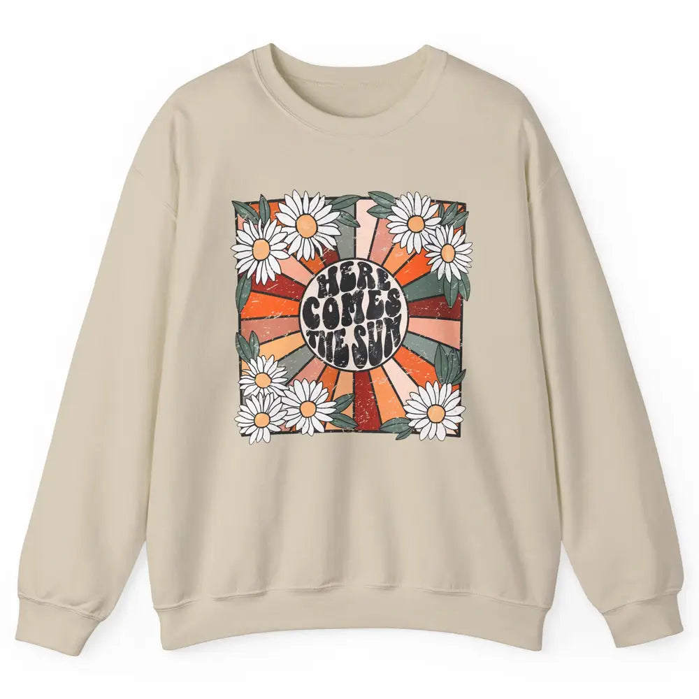 Retro Daisy Rainbow Sunrise Here Comes The Sun Hippie Girl Unisex Crewneck Sweatshirt
