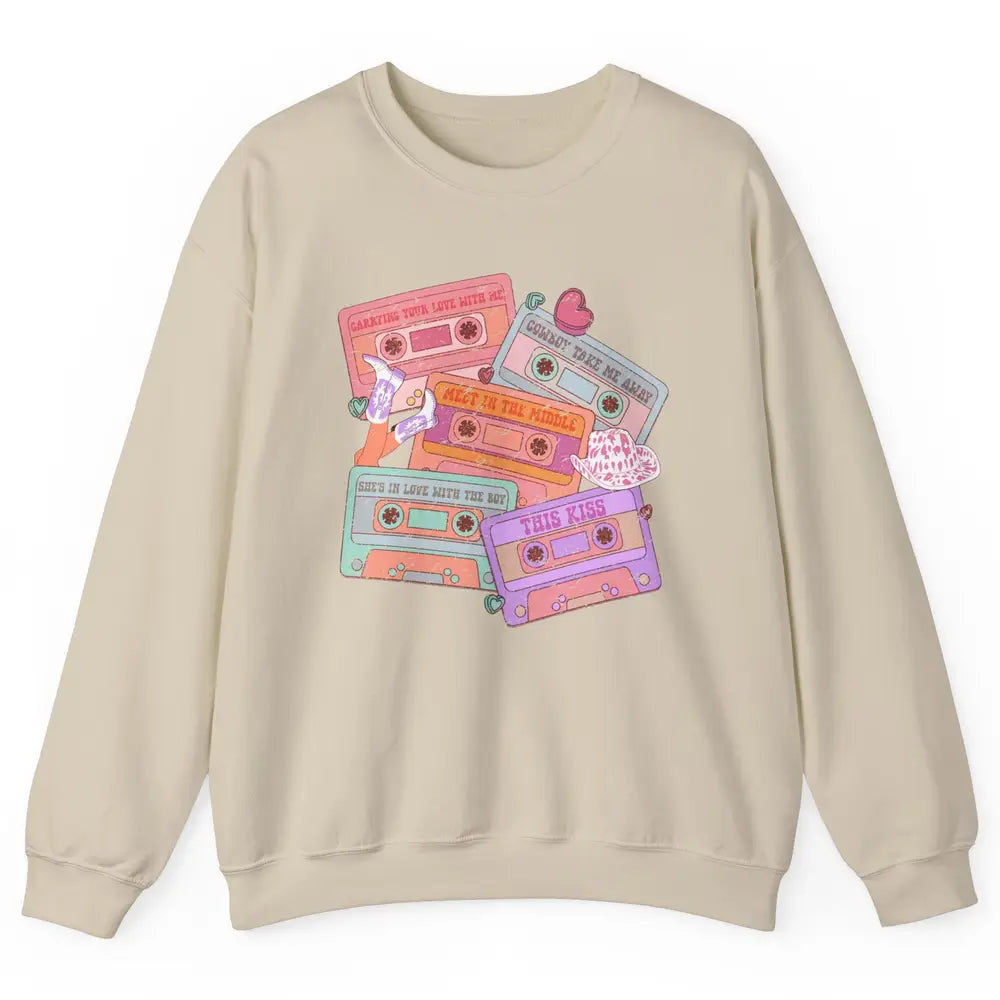 Retro Cowgirl Cassette 90s Western Country Boots Music Boho Unisex Crewneck Sweatshirt