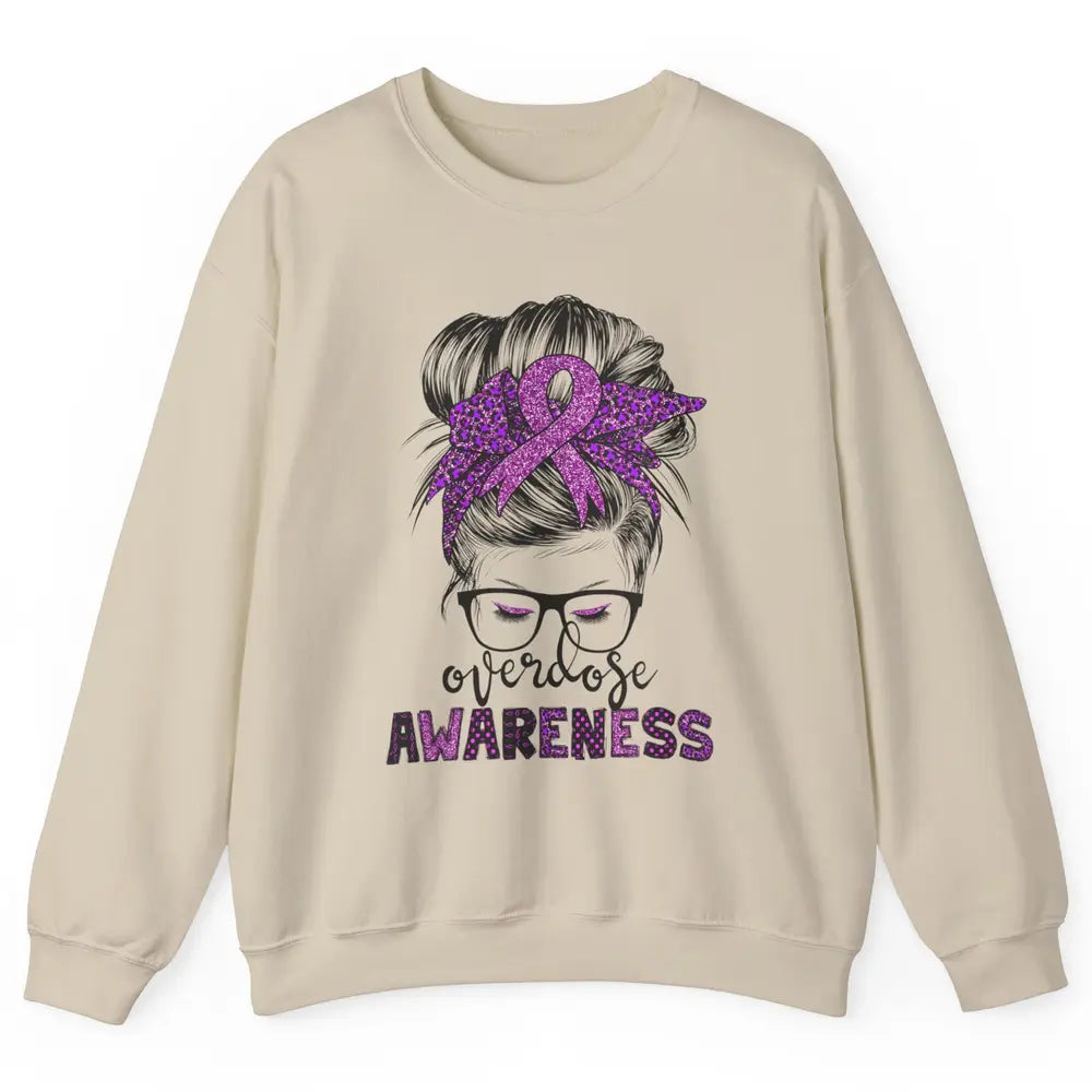 Overdose Awareness Messy Hair Bun Purple Leopard Warrior Unisex Crewneck Sweatshirt