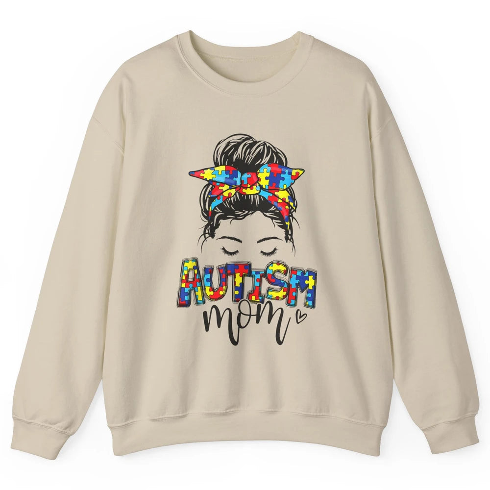 Autism Mom Messy Bun Hair Autism Awareness Puzzle Headband Unisex Crewneck Sweatshirt