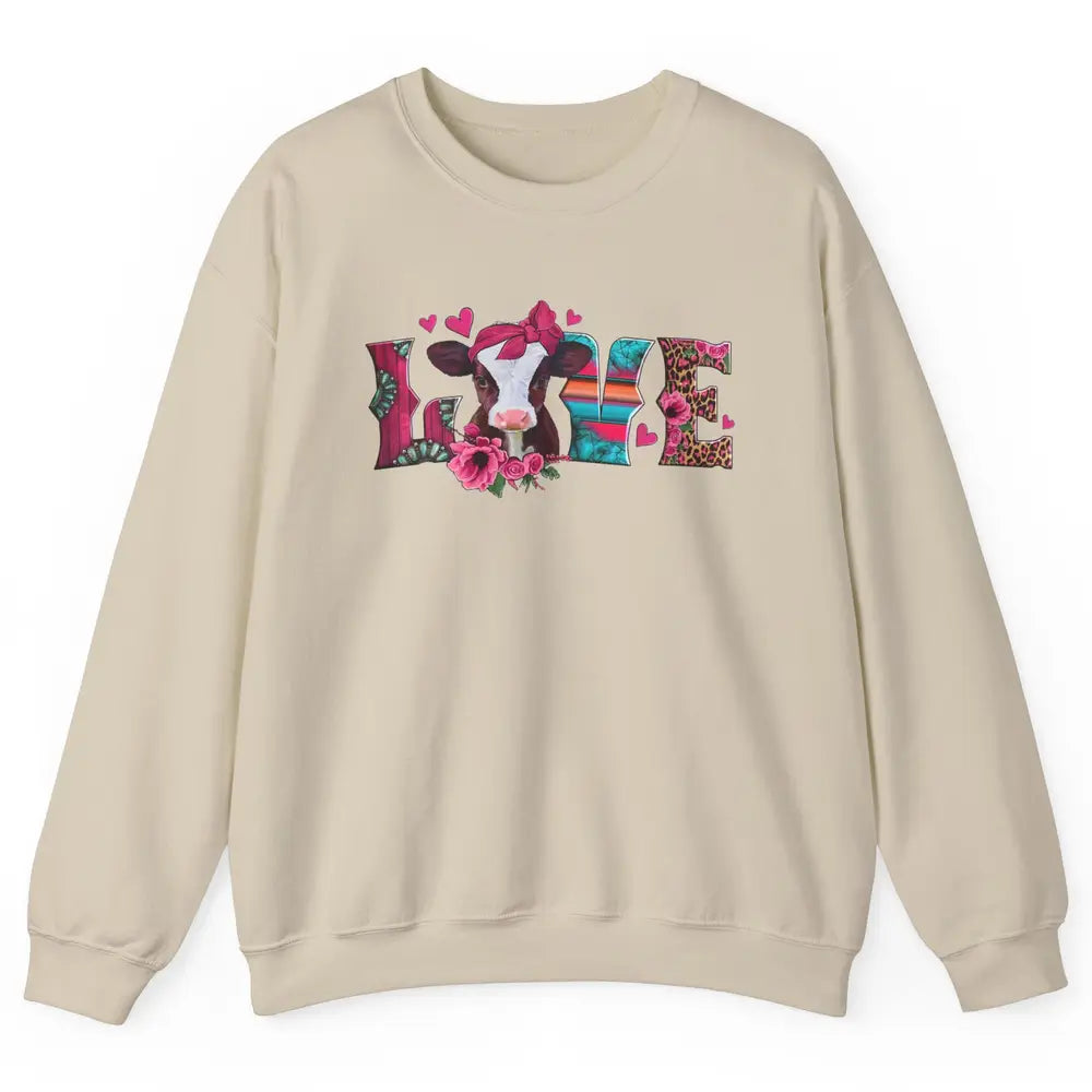 Pink Leopard Love Baby Calf Western Valentines Farm Animals Unisex Crewneck Sweatshirt