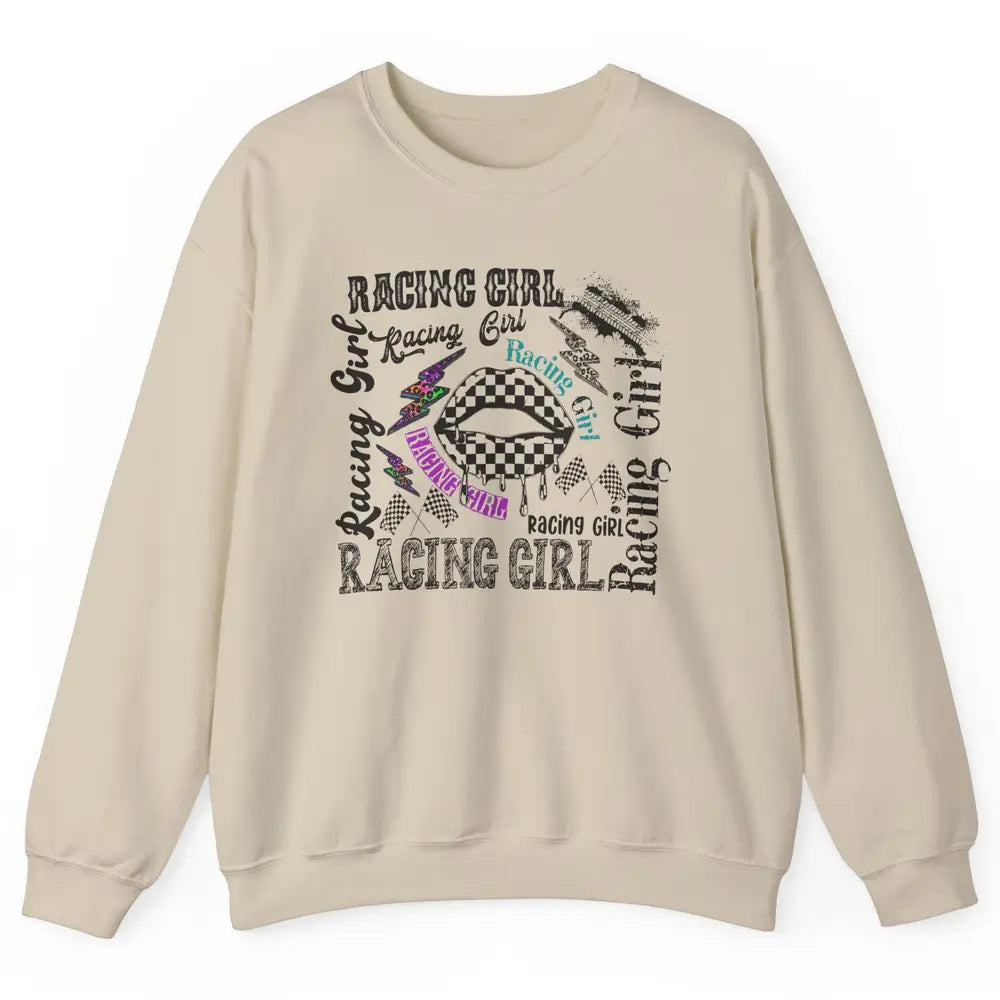 Racing Girl Lips It's Race Day Race Flag Race Lips Girl Gift Unisex Crewneck Sweatshirt