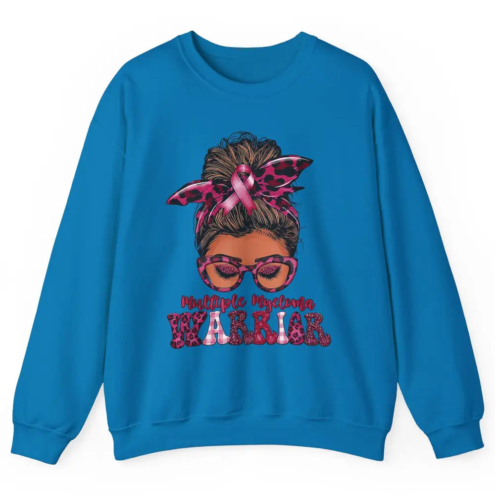 Multiple Myeloma Cancer Warrior Leopard Messy Hair Bun Woman Unisex Crewneck Sweatshirt