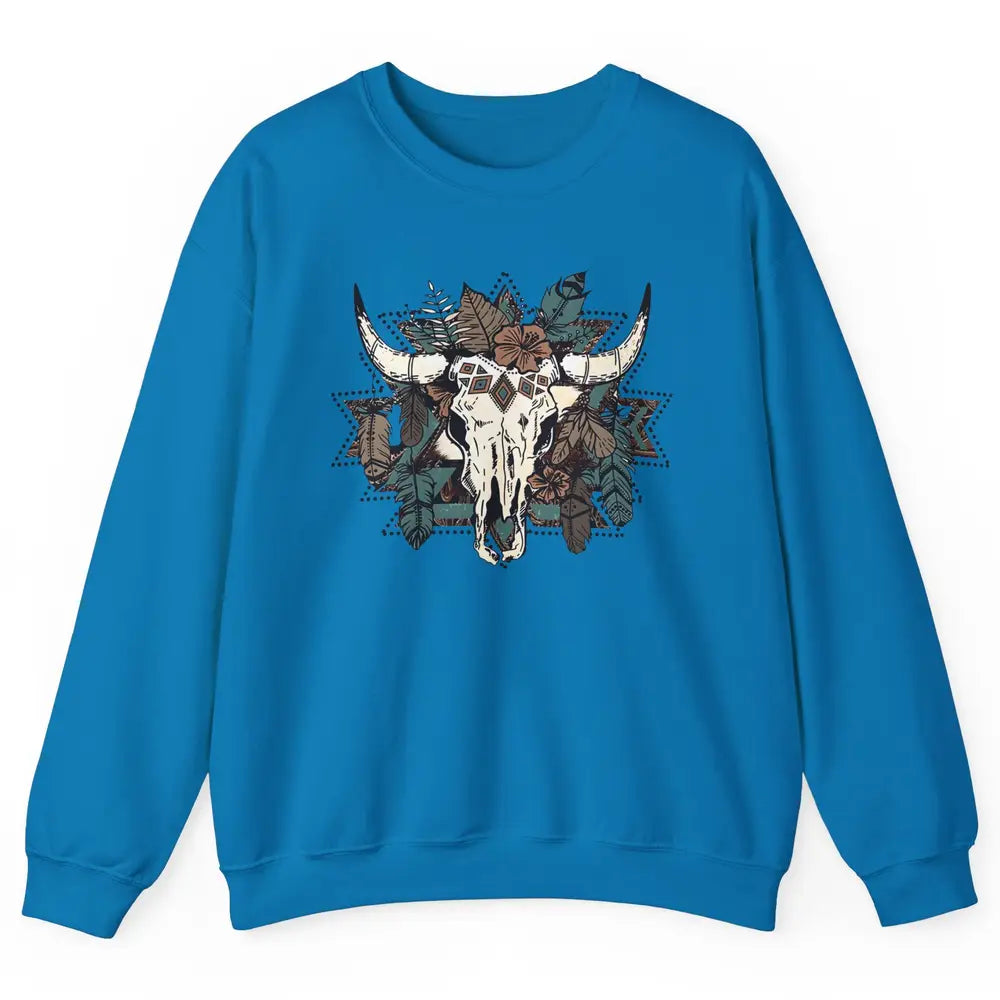 Retro Boho Bull Skull Aztec Desert Cactus Western Country Unisex Crewneck Sweatshirt